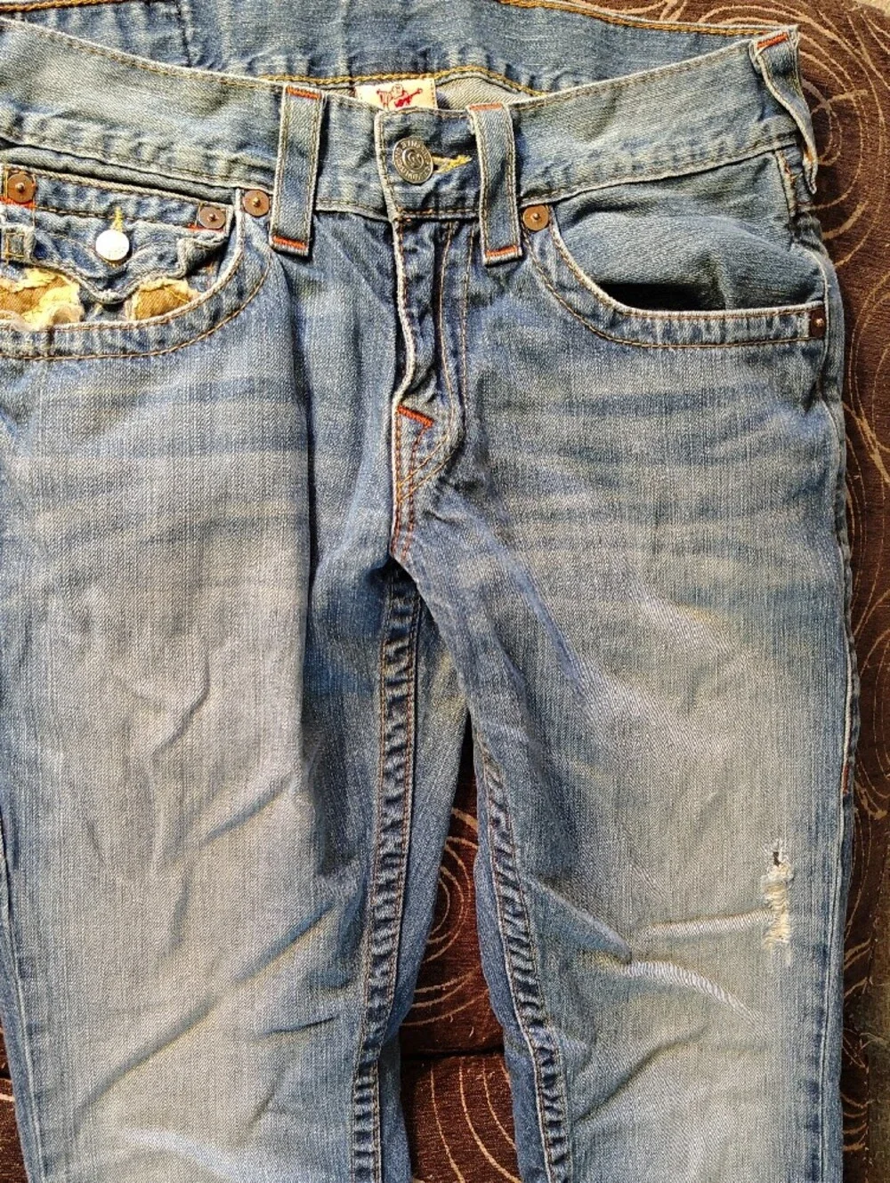 Chief Keef True Religion Camo Pocket Patches Distressed Light Blue Strip Jeans